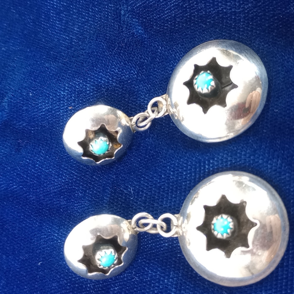 Vintage Navajo Shadowbox Sterling Silver and Turquoise Dangle Earrings - Picture 3 of 12